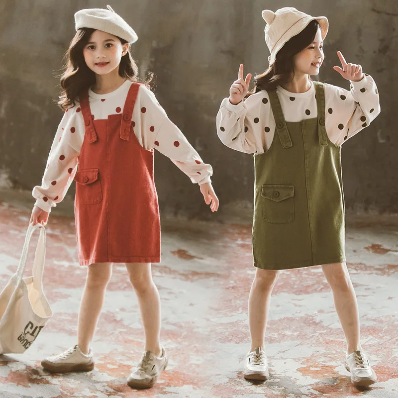 Mergaitės, Apranga, Mados Polka Dot Viršuje + Petnešos Sijonas Rinkiniai Patenka Mergaitė Komplektus Korėjos Vaikai Boutique Drabužių Rinkiniai 2021 Naujas Ruduo 3
