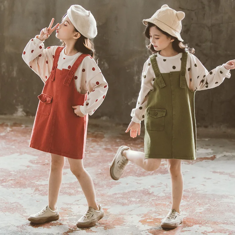 Mergaitės, Apranga, Mados Polka Dot Viršuje + Petnešos Sijonas Rinkiniai Patenka Mergaitė Komplektus Korėjos Vaikai Boutique Drabužių Rinkiniai 2021 Naujas Ruduo 5