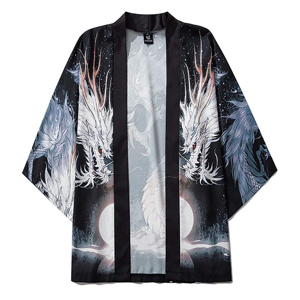 Japonų Kimono Striukės Big White Dragon Spausdinti 2020 Vyrų Harajuku Streetwear Atsitiktinis Plona Suknelė Japonija Stiliaus Laisvi Marškinėliai 1