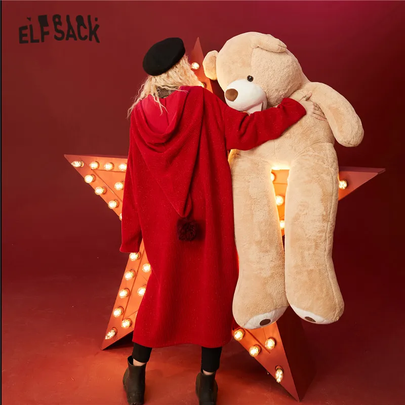ELFSACK Kalėdų Red Bear Siuvinėjimas, Mezgimas Atsitiktinis Suknelė Moterims,2021 M. Žiemos ELF Derliaus Plaukų Kamuolys Raišteliu Moteriška Šalis Suknelės 0
