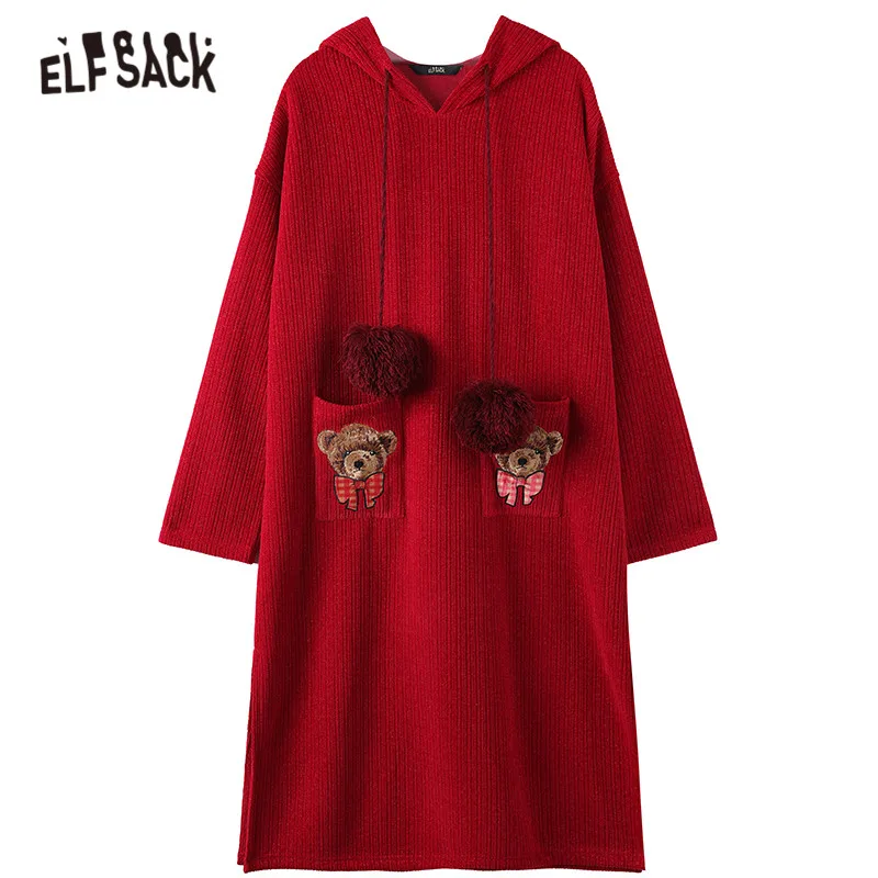 ELFSACK Kalėdų Red Bear Siuvinėjimas, Mezgimas Atsitiktinis Suknelė Moterims,2021 M. Žiemos ELF Derliaus Plaukų Kamuolys Raišteliu Moteriška Šalis Suknelės 5