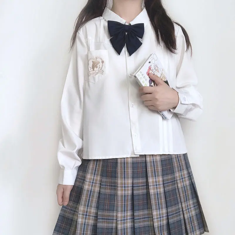 Harajuku Kawaii ilgomis Rankovėmis Baltos Palaidinės ir Marškinėliai Moterims Rudenį JK Vienodas Viršūnes Drabužius Moksleivė 3