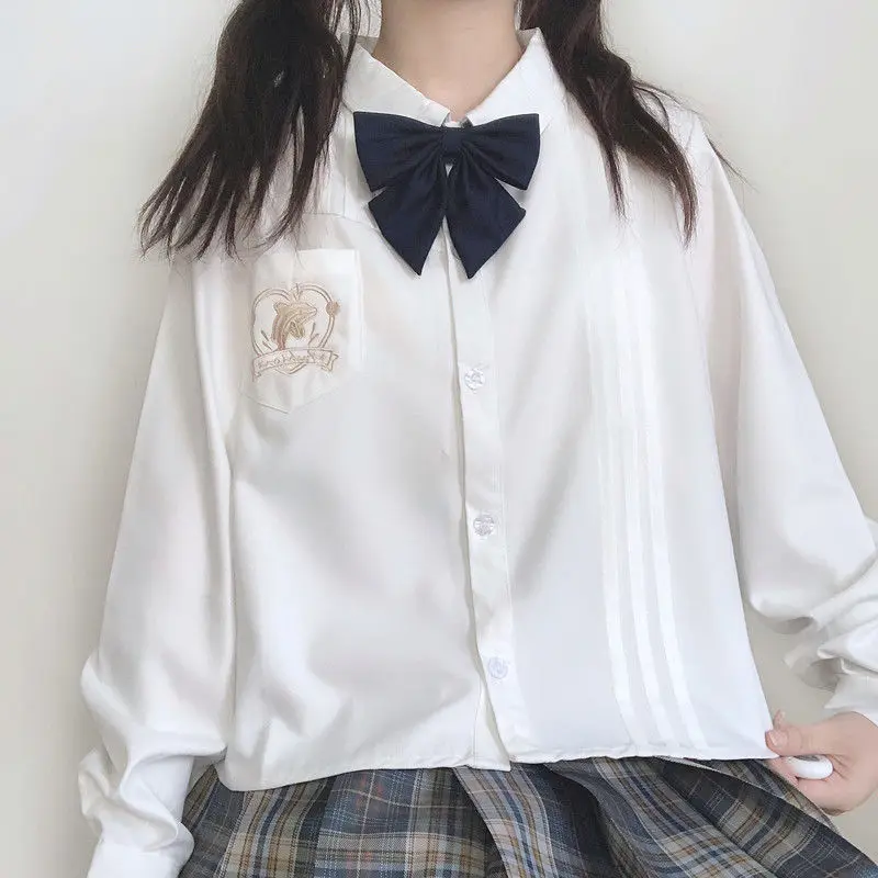 Harajuku Kawaii ilgomis Rankovėmis Baltos Palaidinės ir Marškinėliai Moterims Rudenį JK Vienodas Viršūnes Drabužius Moksleivė 4