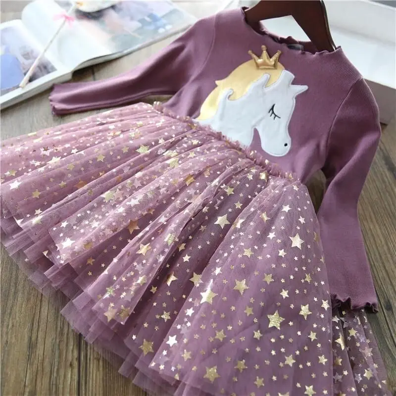 2020 naujas Mergaičių ilgomis rankovėmis Vienaragis spausdinti suknelė Kalėdų vakarėlį star akių prisiūta Princesė Dress Mergaičių Megzti Suknelę 3