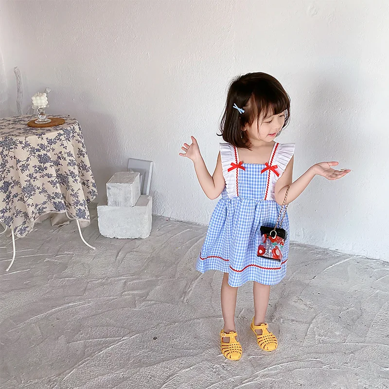 1-7T Bamblys Vaikas Baby Girl Dress Vasaros Raukiniai Lankas Rankovių Pledas Sundress Elegantiškas, Mielas, Saldus Šalis Princesė Suknelė 1