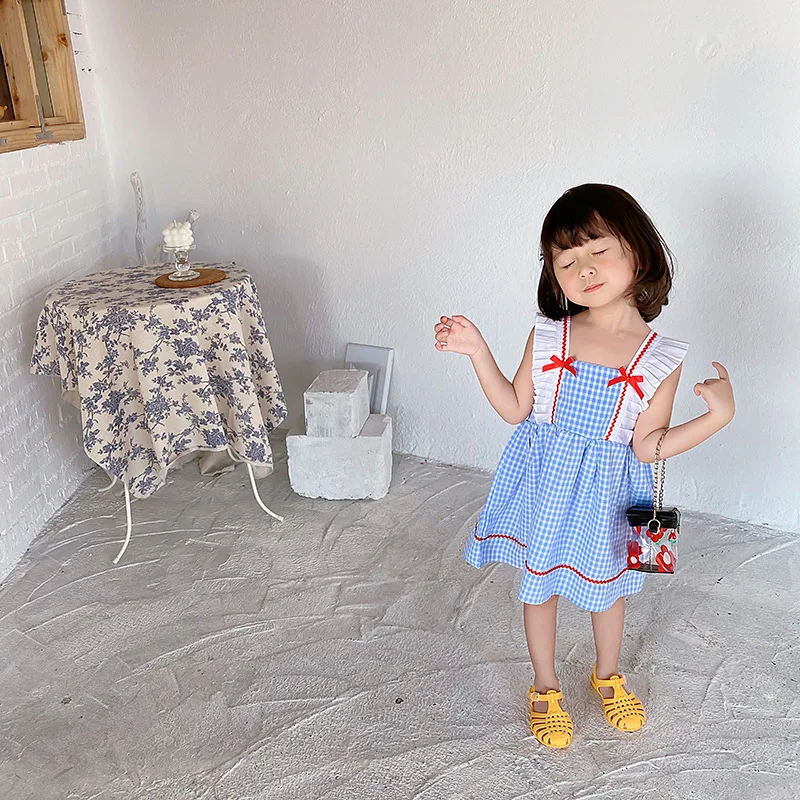1-7T Bamblys Vaikas Baby Girl Dress Vasaros Raukiniai Lankas Rankovių Pledas Sundress Elegantiškas, Mielas, Saldus Šalis Princesė Suknelė 2