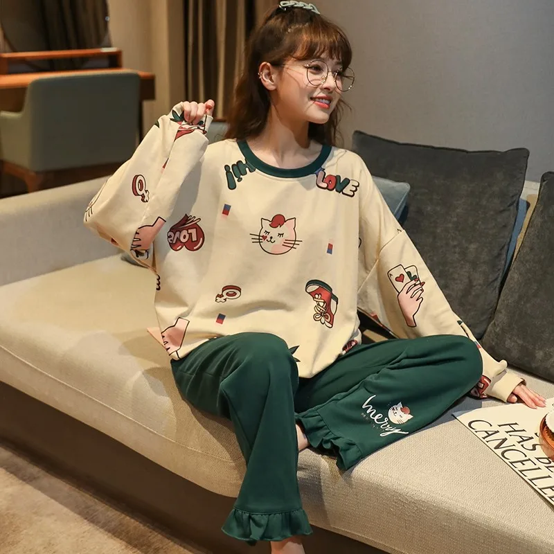 CAIYIER 2021 m. Rudens Žiemos Medvilnės Pižama Nustatyti Moterų Animacinių filmų Bear O-Kaklo, ilgomis Rankovėmis Lounge Sleepwear Komfortą Namuose Kostiumas M-2XL 1