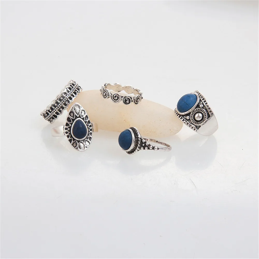 Boho Vintage Blue Gem Karka Žiedų Rinkinys Moterims Piršto Žiedą Moterų Bohemijos Žiedas Mados Juvelyrika Dovana 4