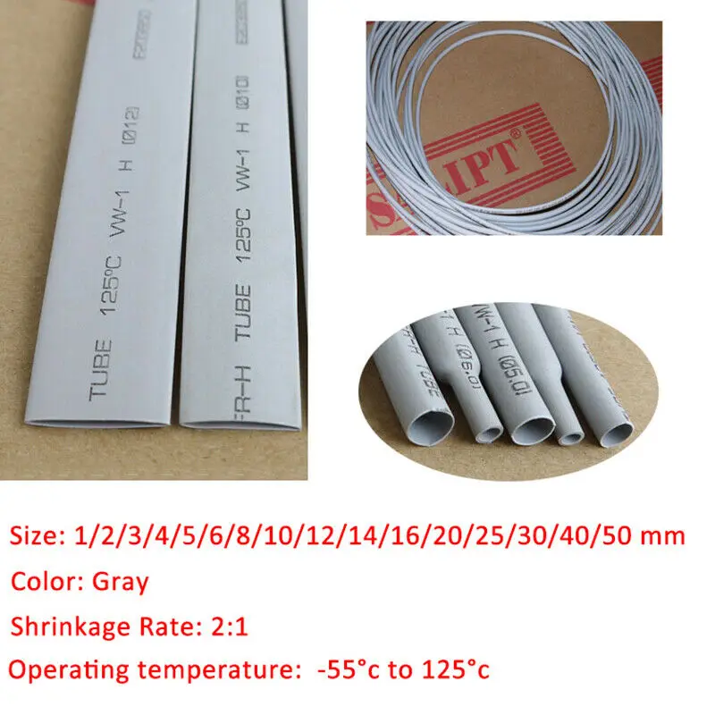 Šilumos Susitraukiančių 2:1 Heatshrink Vamzdelis Kabelio Laidus Elektros Sleeving Pilkos 1 mm - 50 mm 4