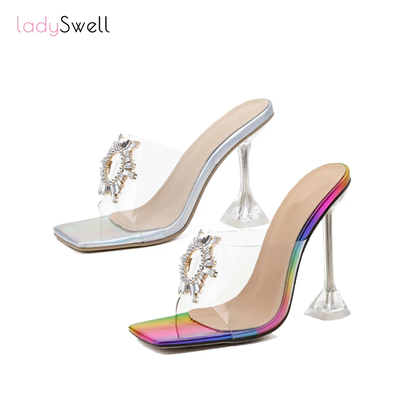 LadySwell PVC Mados Skaidri Aukšto Sandalai 2021 Moterų Sun Flower Kristalų Sagtis Pločio Kojų Aišku, Mulas Kulniukai 1