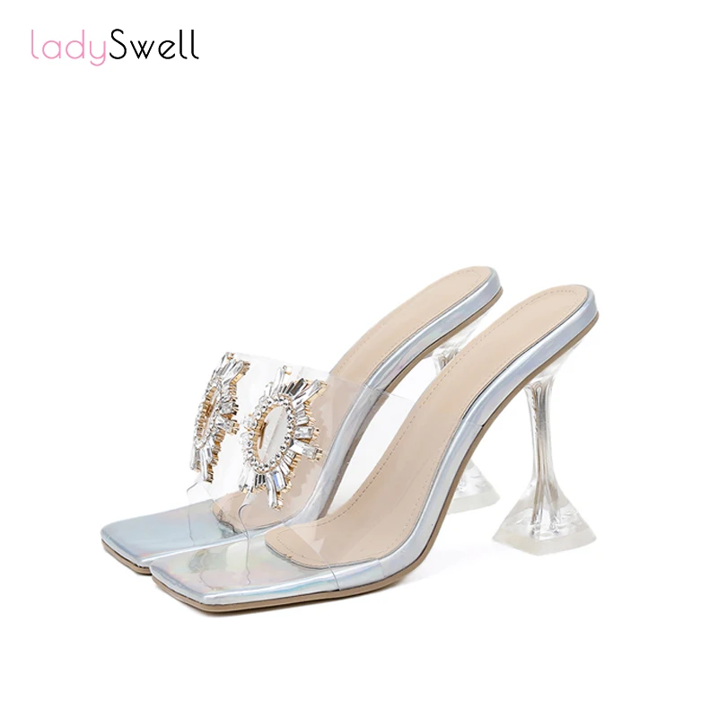 LadySwell PVC Mados Skaidri Aukšto Sandalai 2021 Moterų Sun Flower Kristalų Sagtis Pločio Kojų Aišku, Mulas Kulniukai 2