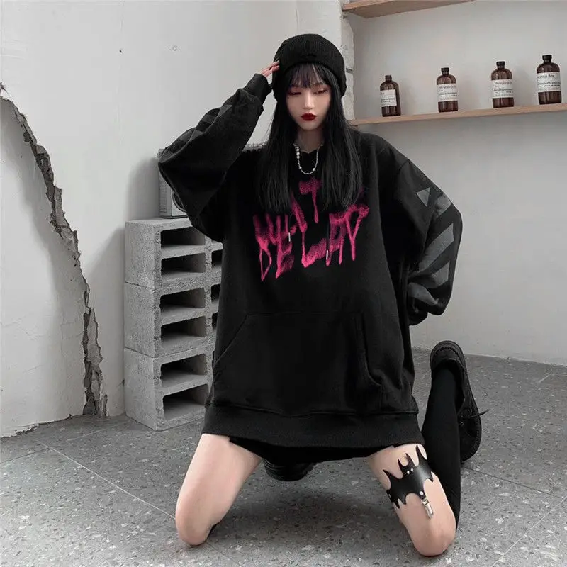 Negabaritinių Gothic Punk Drugelis Spausdinti Hoodies Moterų Korėjos Gatvės Stiliaus Ilgomis Rankovėmis Hip-Hop Puloveris Viršūnes Moksleivė 3