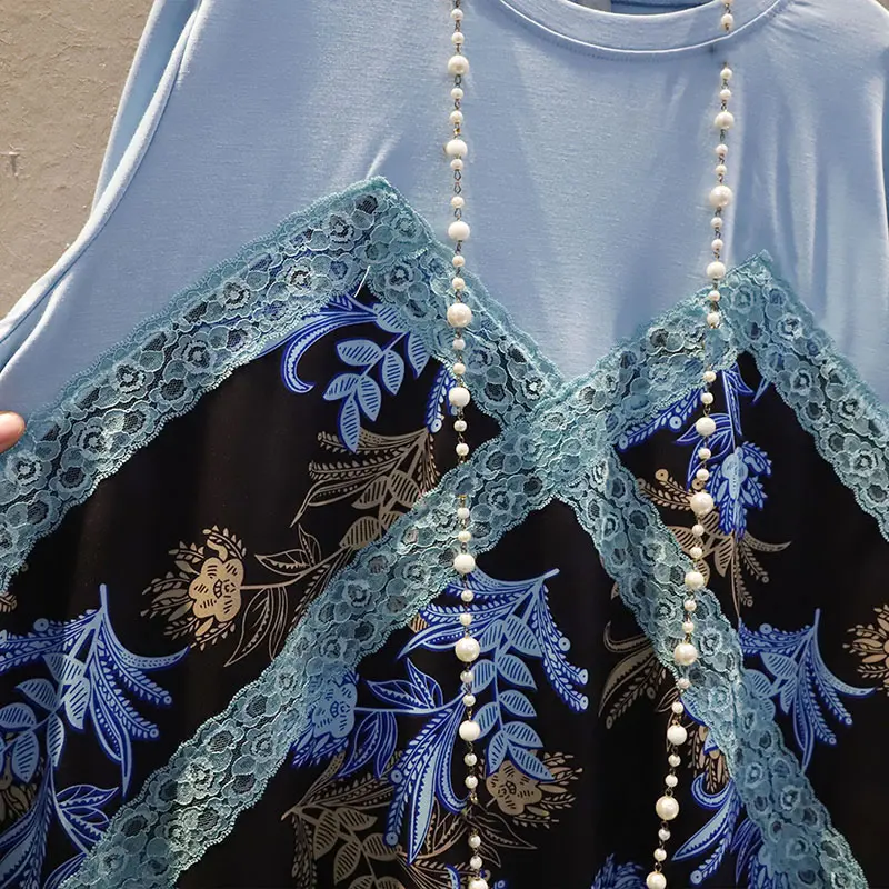 XITAO Spausdinti Kratinys Nėrinių Suknelė False Dviejų vienetų 2021 korėjos Vasaros Naujus O-kaklo trumpomis Rankovėmis Vidutinio ilgio Šifono Suknelė WMD0503 0