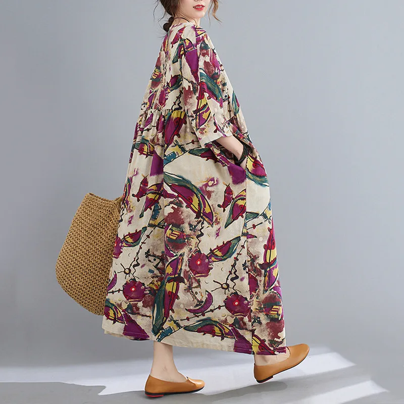 Trumpas rankovės medvilnės derliaus gėlių suknelės moterims atsitiktinis palaidų ilgai moteris, vasaros suknelė elegantiškas drabužius 2021 1
