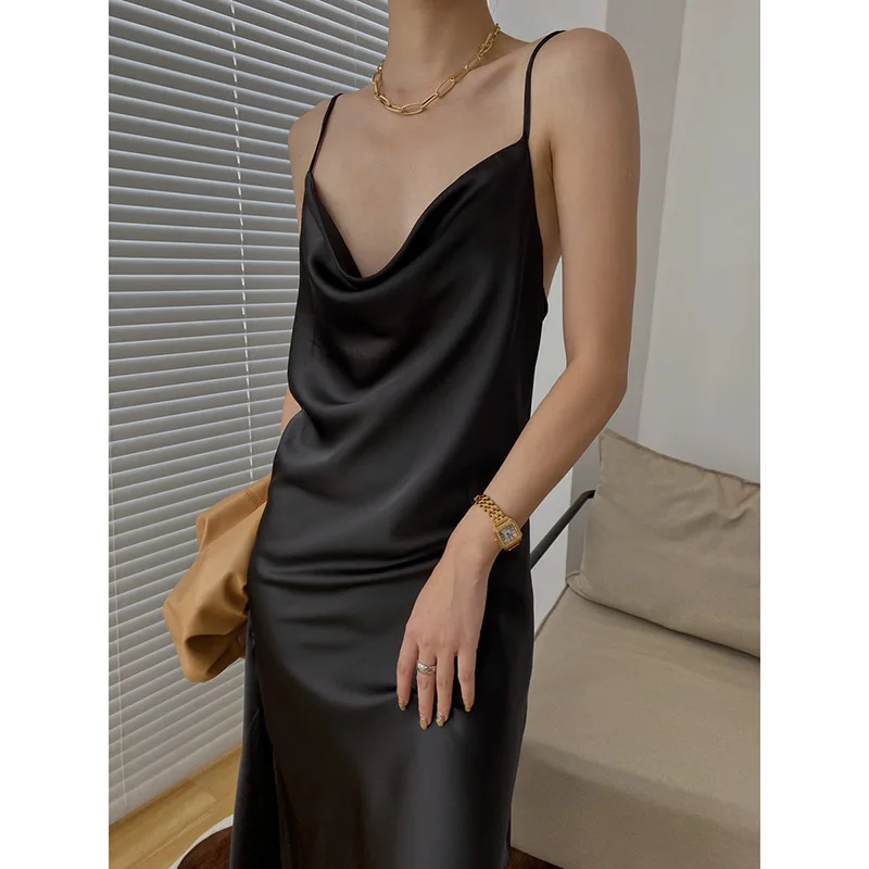 2021 Nauja Seksuali Spageti Dirželis Vasaros Suknelė Moterims Satino Nėrinių Trimitas Ilga Suknelė Elegantiškas Bodycon Šalis Suknelės 0