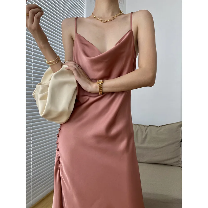 2021 Nauja Seksuali Spageti Dirželis Vasaros Suknelė Moterims Satino Nėrinių Trimitas Ilga Suknelė Elegantiškas Bodycon Šalis Suknelės 1