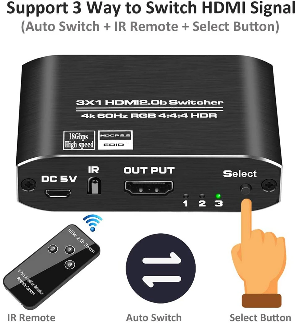 Navceker 4K 60Hz Mini 3 Port HDMI Switch 2.0 4K Switcher HDMI Splitter 1080P HDR 3 in 1 out Uosto Centru, DVD HDTV Xbox PS3, PS4 3