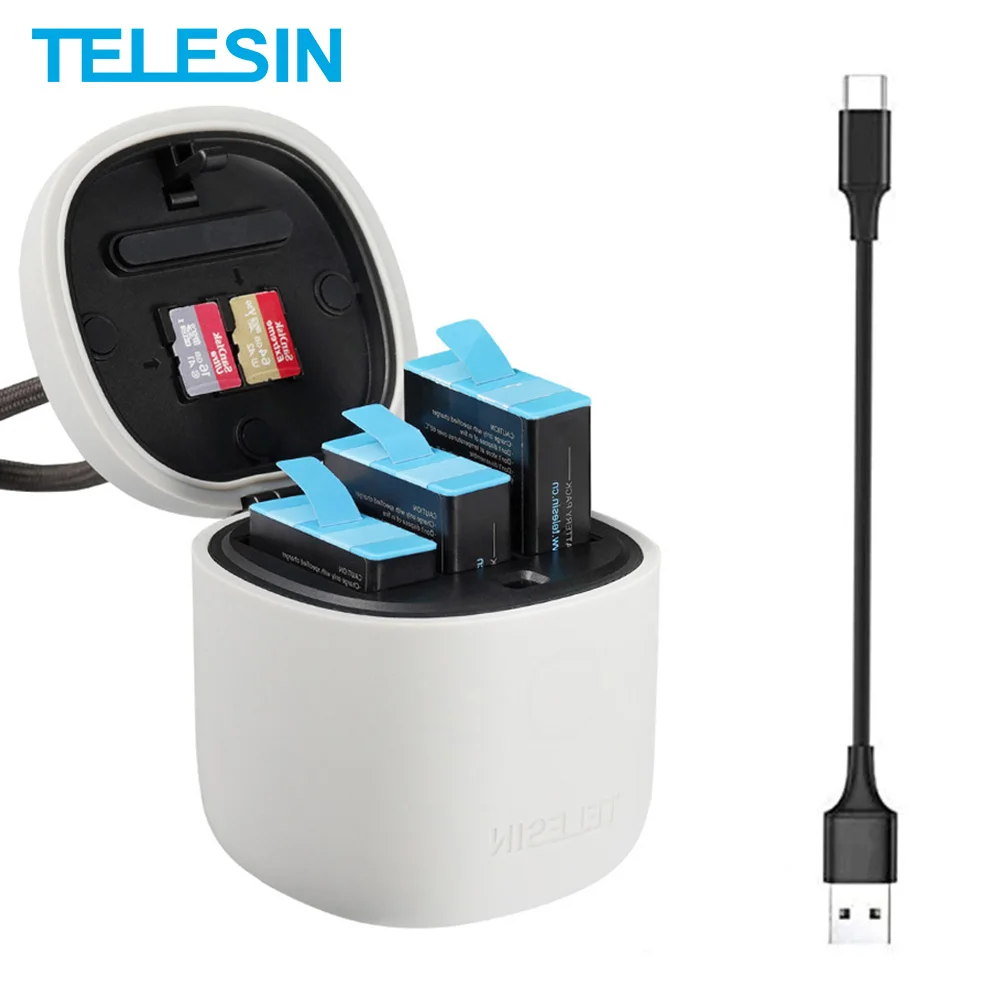 TELESIN 3Pcs Baterija GoPro 9 Black 3 Slots LED Šviesos Įkroviklis TF Card Reader Laikymo Dėžutė GoPro Hero 9 Black Priedai 4