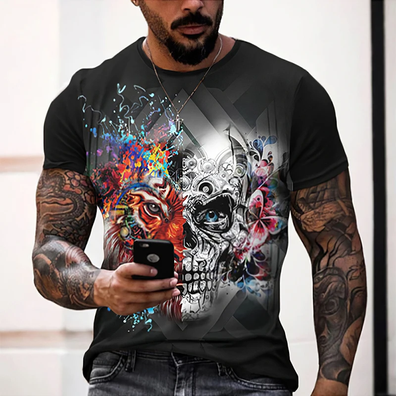 Vasarą naujų kaukolė elementas stiliaus apvalios kaklo marškinėliai Vyrų Mados 3D Spausdinimo Atsitiktinis Trumpas Rankovės Harajuku marškinėliai, topai 5