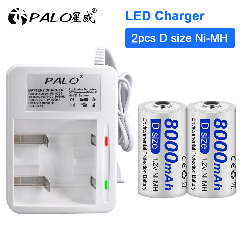 PALO D Dydžio 8000mAh Įkrovimo Baterija (akumuliatorius+2 Slots LED ekranas, smart Įkroviklis, Baterija, Kroviklis AA, AAA, C, D Baterijos 3