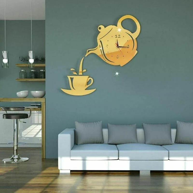 Creative 3D Akrilo Veidrodis Kavos Arbatinukas Sieninis Laikrodis Lipdukas Dekoras Sieniniai Laikrodžiai Kambarys Mados Namų Papuošalas 1