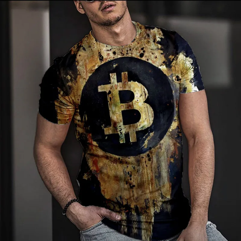 Vasaros vyriški Marškinėliai Street Punk Stiliaus Pop Bitcoin Aukso Monetos 3D Karšto Viršuje vyriški Didelio Dydžio Atsitiktinis Trumpas Laisvas Megztinis Marškinėliai 4