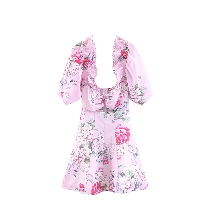 2021 m. Pavasarį, Vasarą Naujasis prancūzijos Stiliaus Aikštėje Apykaklės Gėlių Rožinė Suknelė Seksualus Stora Rinkti Juosmens Slim - Line Mini Suknelės Moterims 2