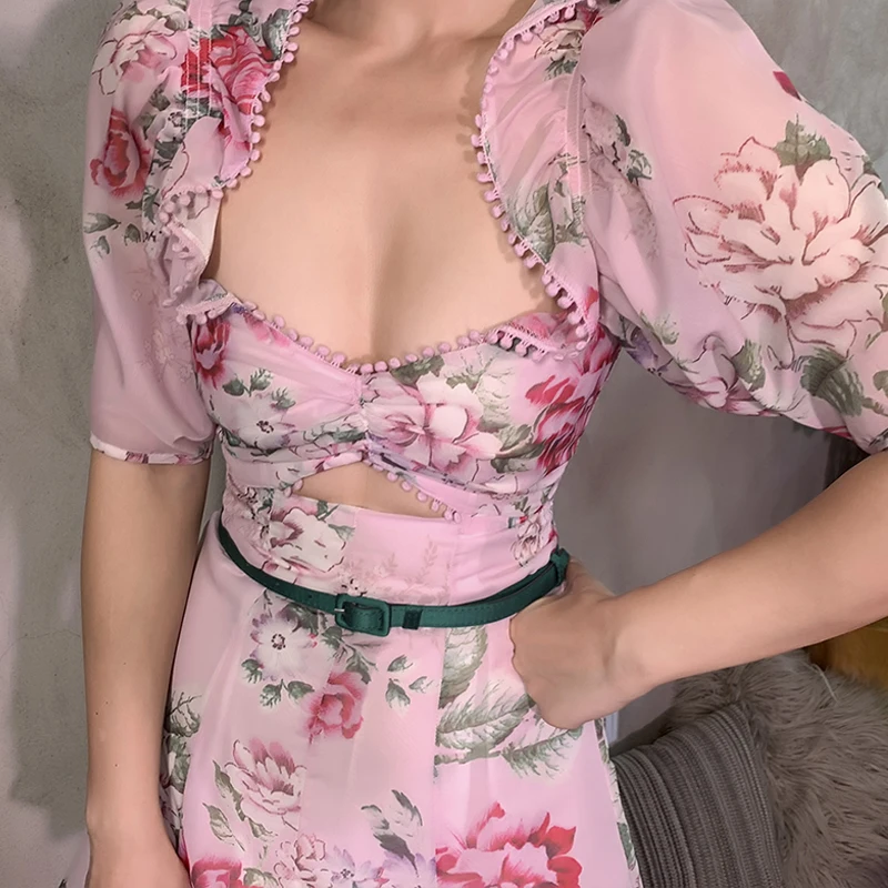 2021 m. Pavasarį, Vasarą Naujasis prancūzijos Stiliaus Aikštėje Apykaklės Gėlių Rožinė Suknelė Seksualus Stora Rinkti Juosmens Slim - Line Mini Suknelės Moterims 4