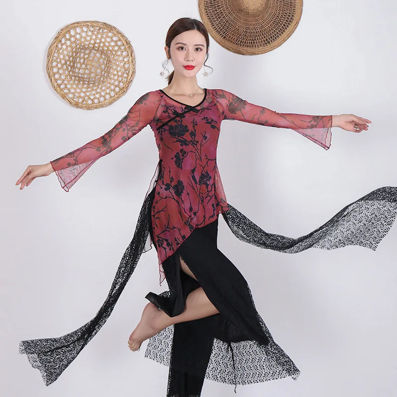 Moterys Rytų Klasikinių Šokių Suknelė Ponios Kinų Cheongsam Marškinėliai Hanfu Viršūnes Kelnės 2 Vnt Rudenį Šokių Praktikos Drabužiai 5