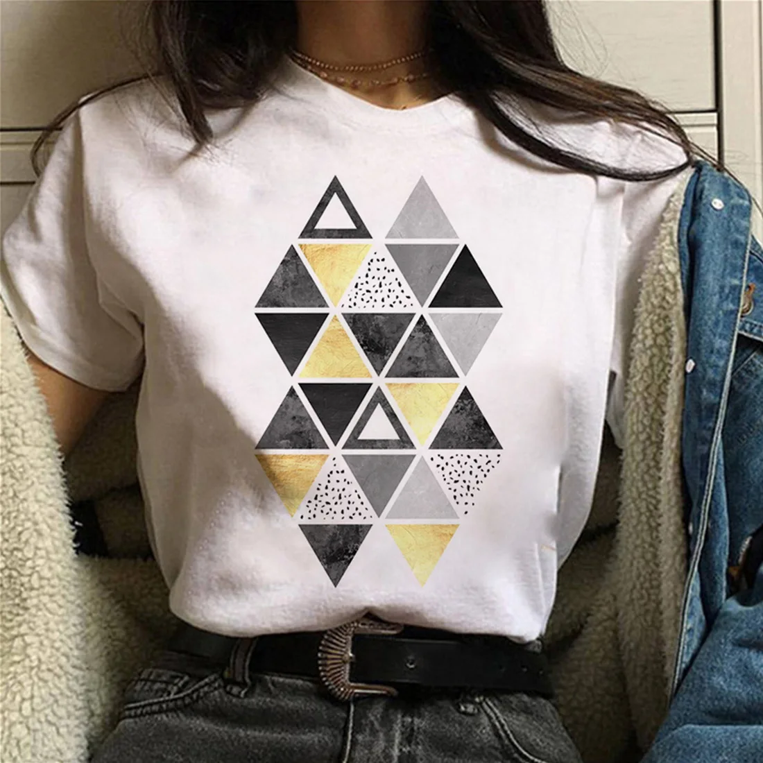 2021 Naujas Vasaros Geometrinė Figūra Print T Shirt Moterims, Baltos spalvos Marškinėlius Harajuku Mados T-shirt Laisvalaikio Moterų Viršūnių Negabaritinių Drabužiai 0
