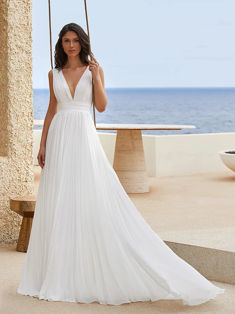 2021 Chalatas de Mariee Boho Vestuvių Suknelė, Elegantiškas Plisuotos Nuotakos Suknelė Gilia V-kaklo, Šifono Paplūdimio Nuotakos Suknelė Vestido de Novia 0