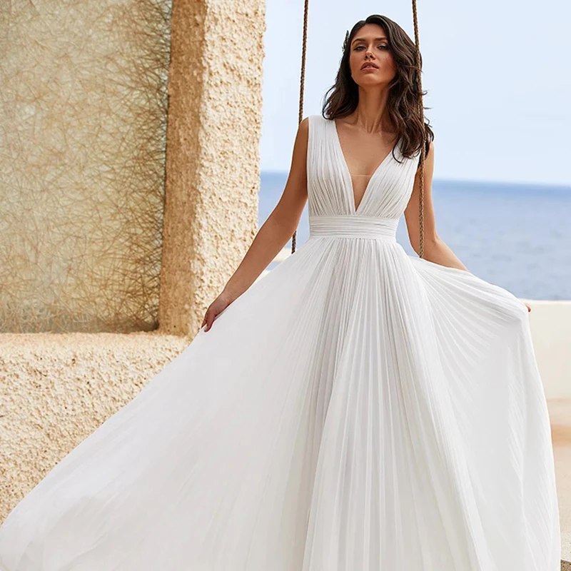 2021 Chalatas de Mariee Boho Vestuvių Suknelė, Elegantiškas Plisuotos Nuotakos Suknelė Gilia V-kaklo, Šifono Paplūdimio Nuotakos Suknelė Vestido de Novia 1