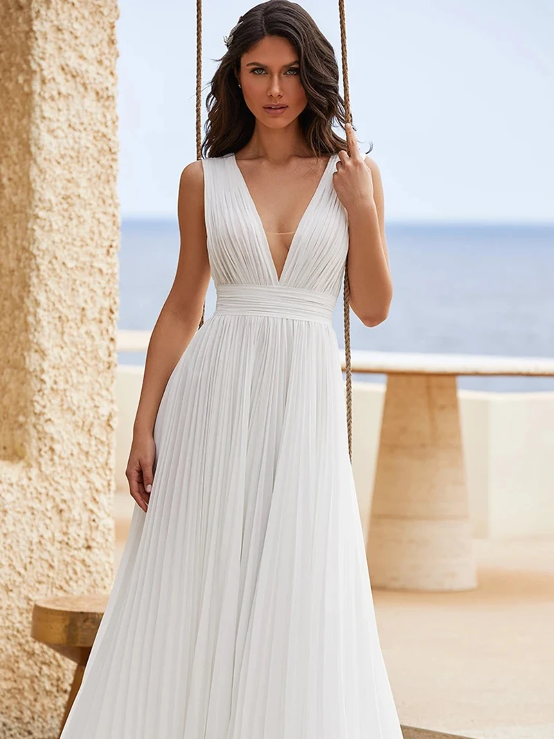 2021 Chalatas de Mariee Boho Vestuvių Suknelė, Elegantiškas Plisuotos Nuotakos Suknelė Gilia V-kaklo, Šifono Paplūdimio Nuotakos Suknelė Vestido de Novia 3