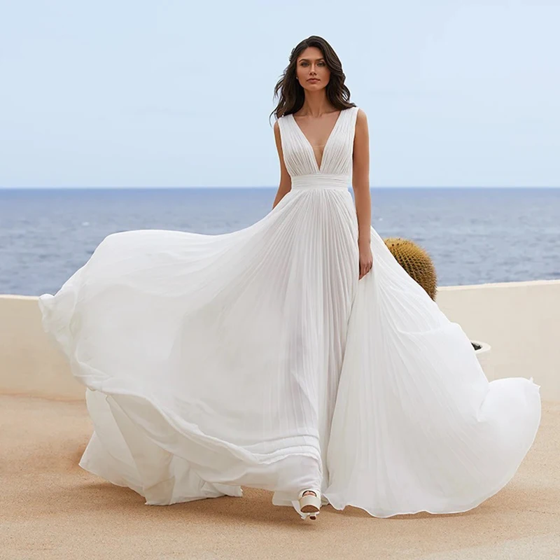2021 Chalatas de Mariee Boho Vestuvių Suknelė, Elegantiškas Plisuotos Nuotakos Suknelė Gilia V-kaklo, Šifono Paplūdimio Nuotakos Suknelė Vestido de Novia 5