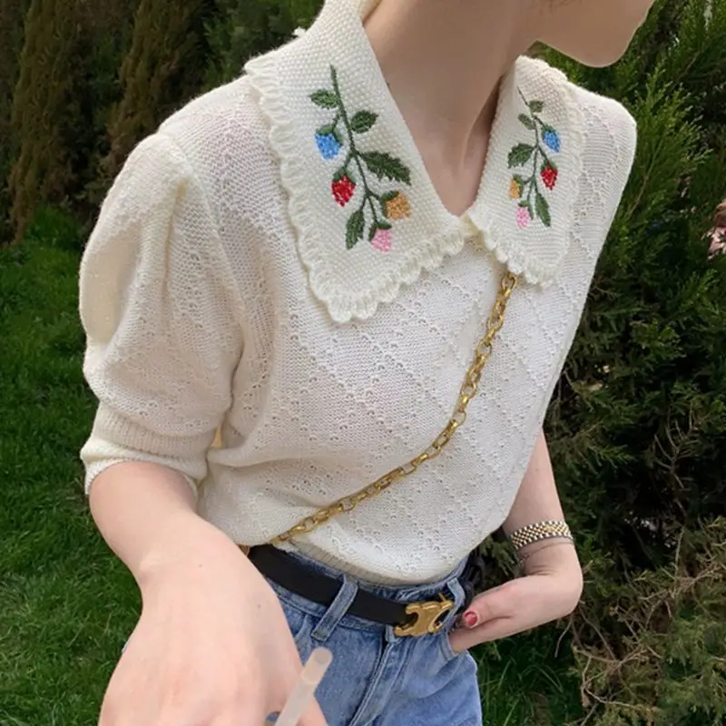 Marškinėliai Moteriški Žibintų Rankovės Konkurso Elegantiškas prancūzų Stiliaus Gėlių Kawaii Mergaitišką Ulzzang Vintage Retro Viršūnes Moterų Vasaros Ins 0