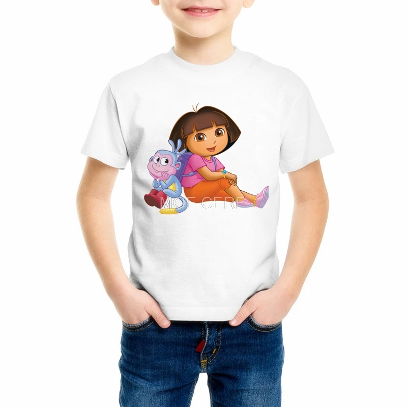 Mergaitės/Berniukai/Babys/Vaikų vasaros drabužių T shirts juokinga viršuje t marškinėliai Vaikams Balta komfortą Bamblys Dora Explorer Tee Marškinėliai 93-2 3