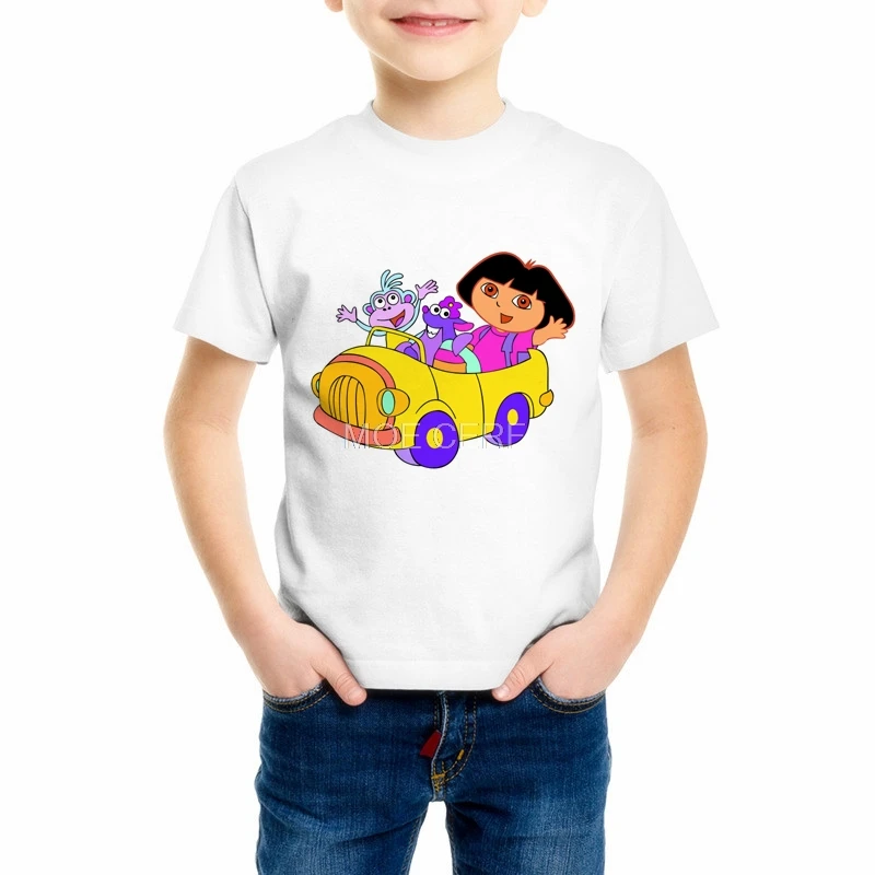 Mergaitės/Berniukai/Babys/Vaikų vasaros drabužių T shirts juokinga viršuje t marškinėliai Vaikams Balta komfortą Bamblys Dora Explorer Tee Marškinėliai 93-2 4