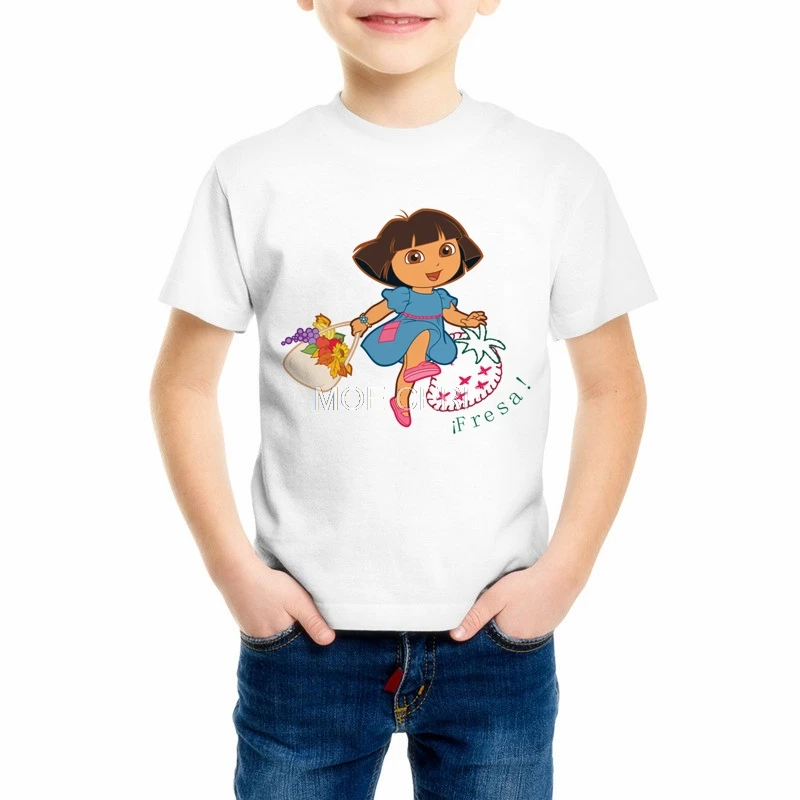 Mergaitės/Berniukai/Babys/Vaikų vasaros drabužių T shirts juokinga viršuje t marškinėliai Vaikams Balta komfortą Bamblys Dora Explorer Tee Marškinėliai 93-2 5