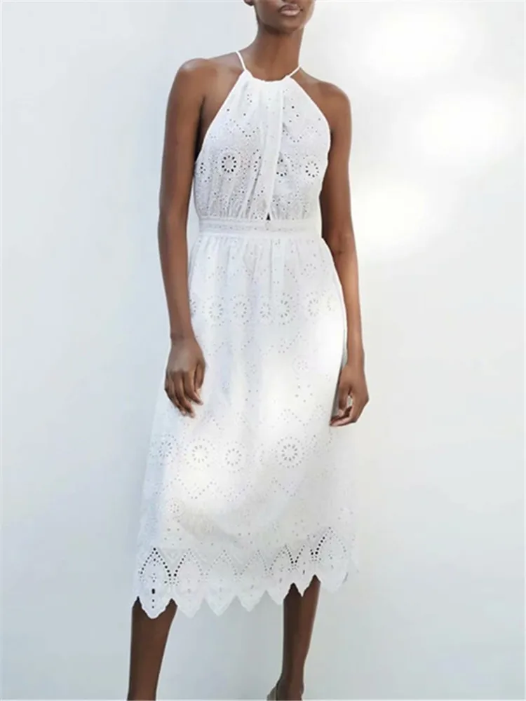 ZA 2021 naujų Europos ir Amerikos stiliaus moteriški drabužiai tuščiaviduriai išsiuvinėti ankstyvo pavasario mergaitės kaklo kabo balta juosmens suknelė 1