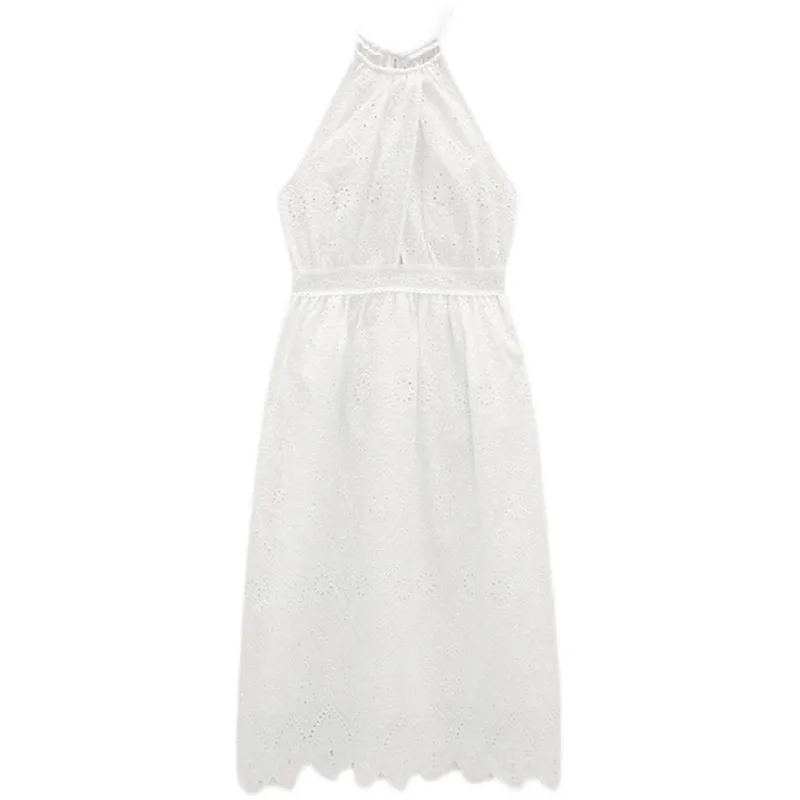 ZA 2021 naujų Europos ir Amerikos stiliaus moteriški drabužiai tuščiaviduriai išsiuvinėti ankstyvo pavasario mergaitės kaklo kabo balta juosmens suknelė 2