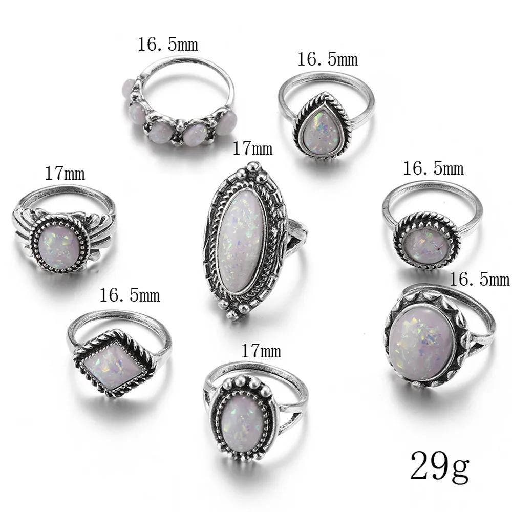 Mados Žiedas Pietų Korėja Žiedas Merginų Grupė 8pcs/set Žiedų Rinkinys, Sidabro Natūralus Akmuo Ugnies Opalas Deimantas Žiedas Weddi 0