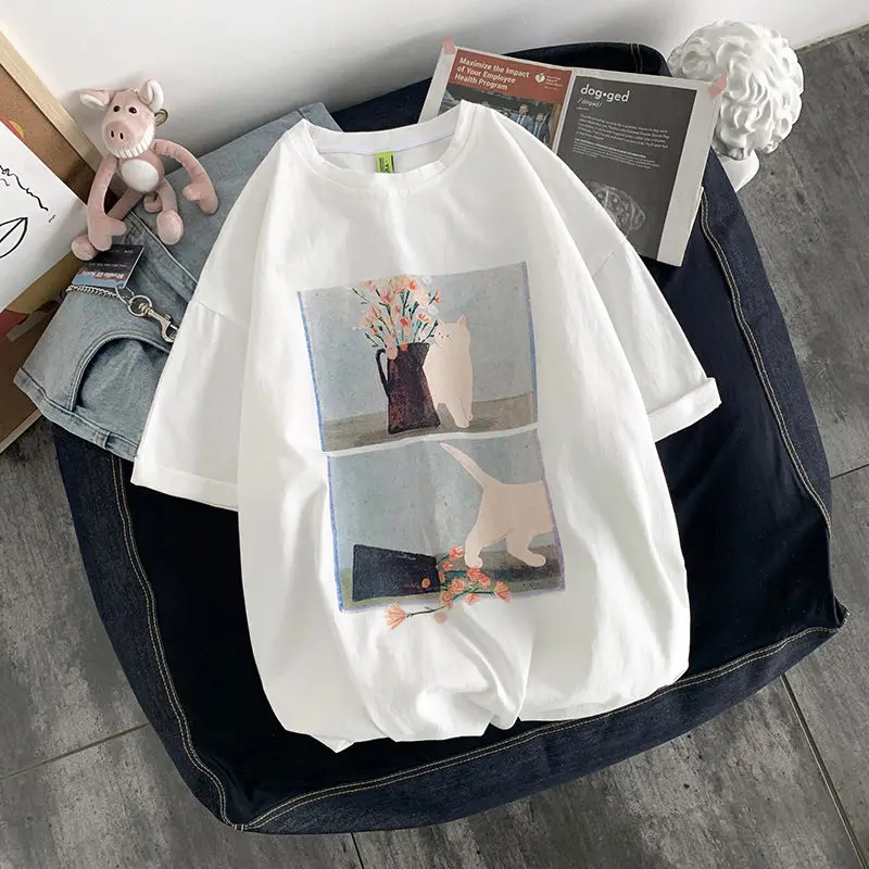 Moteriški Marškinėliai 2021 Naujų korėjos Stiliaus Pasisekė Išspausdinti trumpomis Rankovėmis T shirts Vasaros Hip-Hop Streetwear Atsitiktinis Viršūnės 4