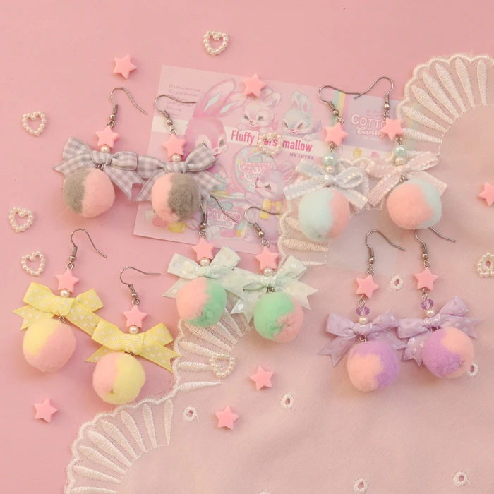 Mielas macaron spalvos lankas star dviejų spalvų plaukų kamuolys auskarai Harajuku mielas nėrinių lolita ausies segtukas 2