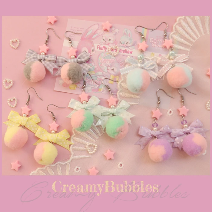 Mielas macaron spalvos lankas star dviejų spalvų plaukų kamuolys auskarai Harajuku mielas nėrinių lolita ausies segtukas 4
