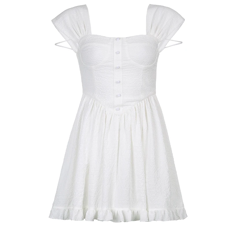 Vasaros Seksualus Off Peties Moterų Sundress Baltos Spalvos Elegantiškas Mygtuką Klostuotas Mini Dress Dirželiai Rankovių Raukiniai Komplektus Cuteandpsycho 5