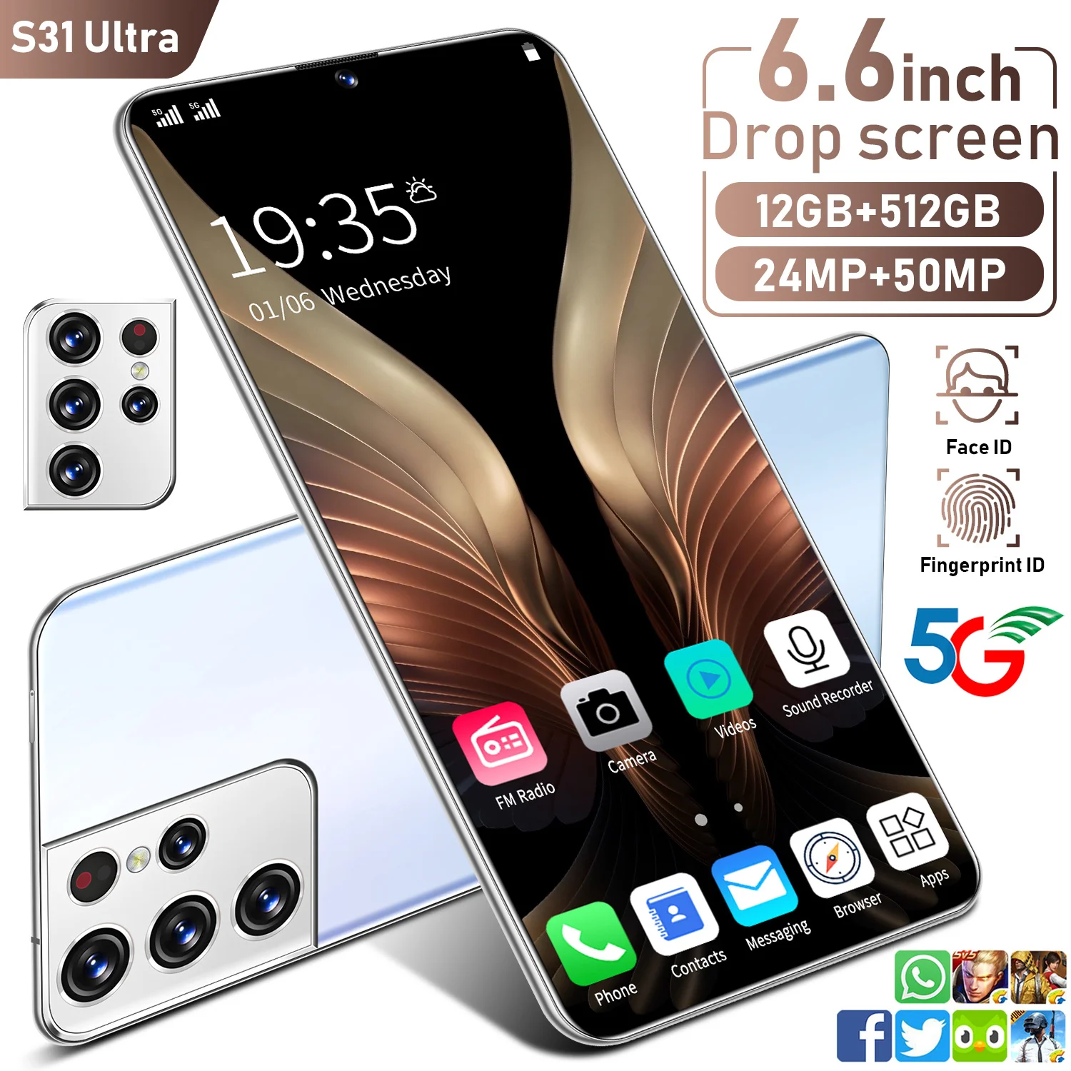 Pasaulinė Versija S31 Ultra 12+512 GB SmartPhone10 Core MTK6889 6000mAh 6.6 Colių Full Screen Face Recognition 5G Tinklą, mobiliųjų Telefonų 2