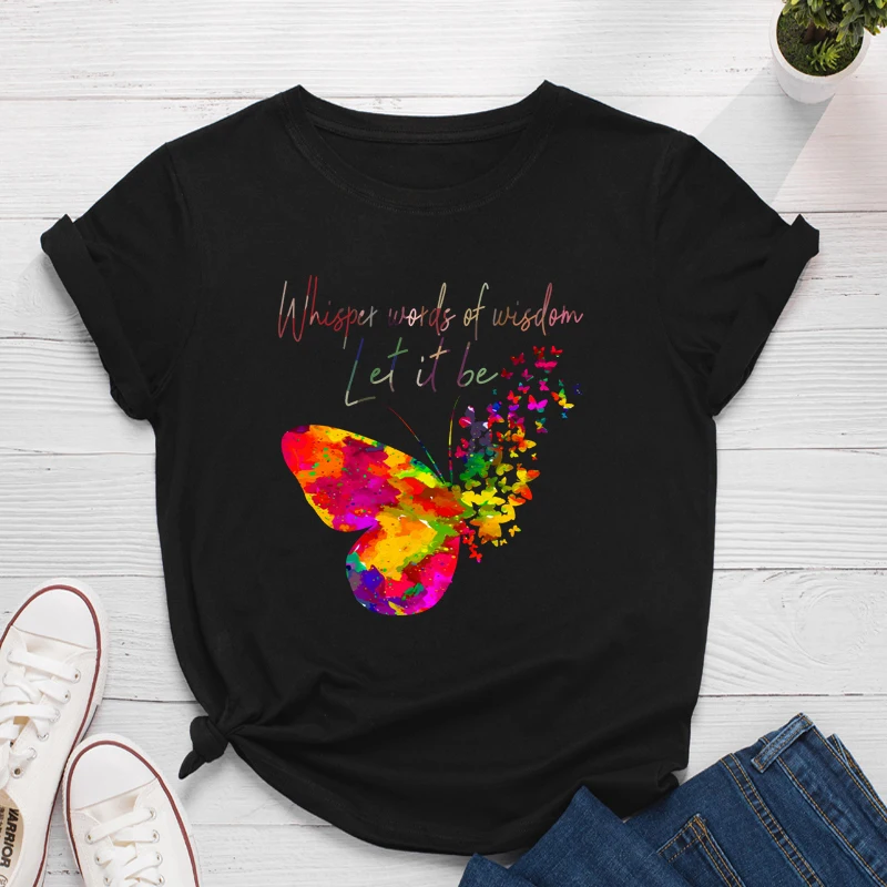 CottonSummer Moterys T-Shirt Spalvinga ButterflyLetter Spausdinti Marškinėliai Atsitiktinis Viršūnes, O Kaklas Trumpas Rankovės Marškinėliai Atsitiktinis BlackTops 0