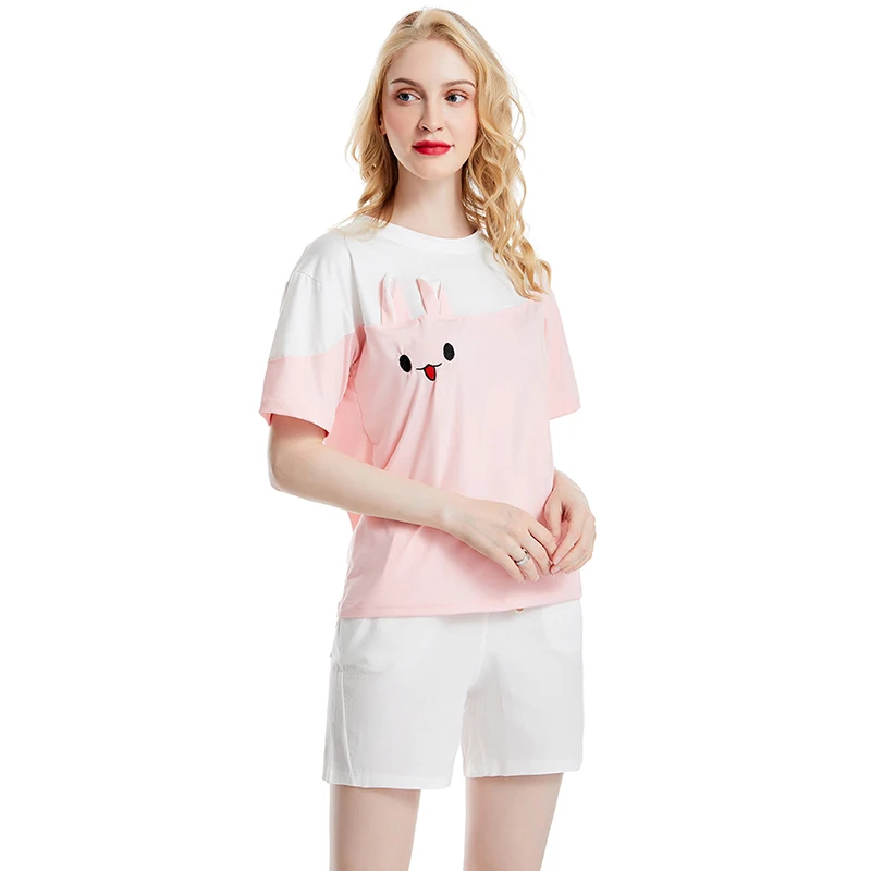 Moterų Mielas Rožinis Triušis T Shirts Mielas Morkų Trumpas Rankovės Anime Katytė Tee Viršūnes Mori Mergina Kawaii T-Shirt 1
