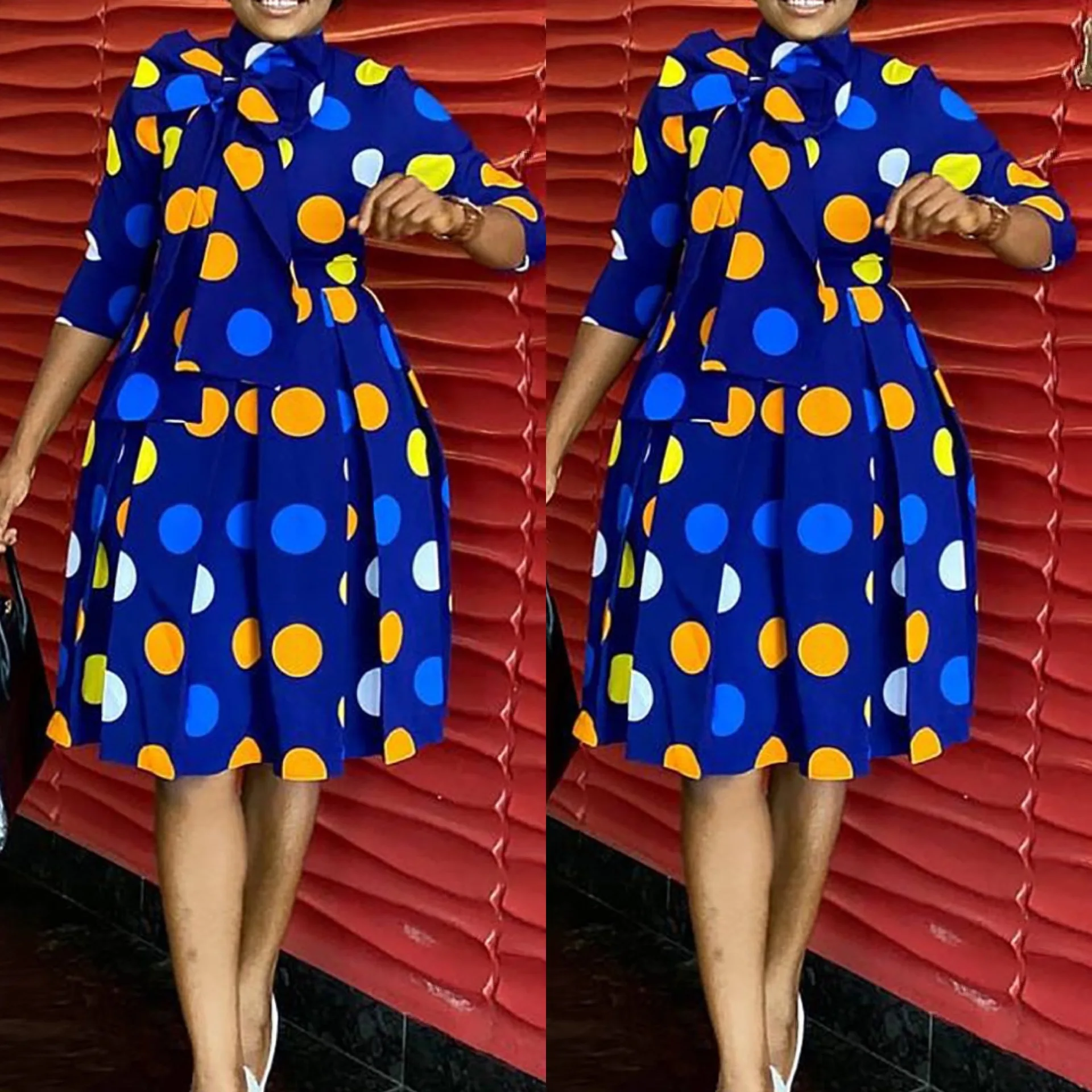 Afrikos Moterų 2021 Pavasario Mados Polka Dot Spausdinti Puoštas Elegantiškas Šalis Suknelė Aukšto Juosmens Lady Darbo Suknelė Dėvėti Plius Dydis 3
