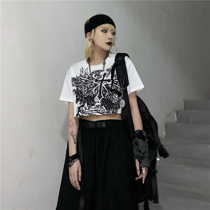Tamsiai Harajuku Moterys Trumpas Goth T-shirt O Kaklo Gotikos Marškinėlius Spausdinti Kietas Kryžiaus Mados 2020 Metų Vasaros Lady Pagrindinio Juoda Balta Pilka Viršų 1